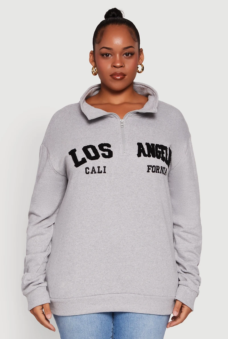 Womens Plus Size Chenille Los Angeles Graphic Quarter Zip Sweatshirt, Grey, Size 1X