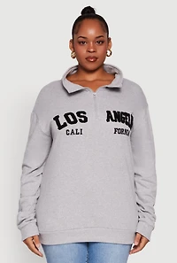 Womens Plus Size Chenille Los Angeles Graphic Quarter Zip Sweatshirt, Grey, Size 1X