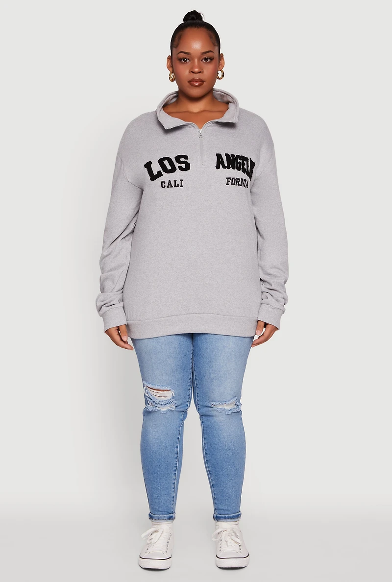 Womens Plus Size Chenille Los Angeles Graphic Quarter Zip Sweatshirt, Grey, Size 1X