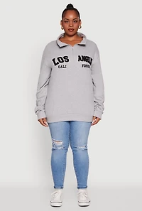 Womens Plus Size Chenille Los Angeles Graphic Quarter Zip Sweatshirt, Grey, Size 1X