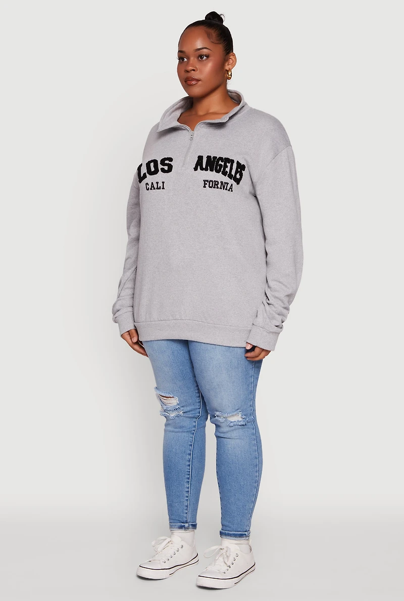 Womens Plus Size Chenille Los Angeles Graphic Quarter Zip Sweatshirt, Grey, Size 1X