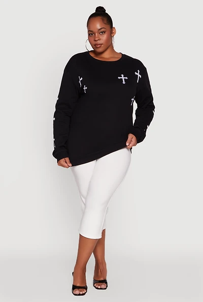 Womens Plus Assorted Cross Graphic Pullover Sweatshirt, Black,