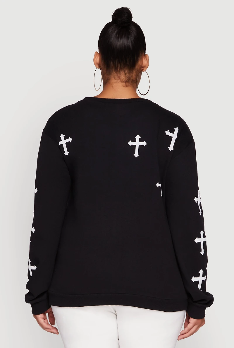 Womens Plus Assorted Cross Graphic Pullover Sweatshirt, Black,