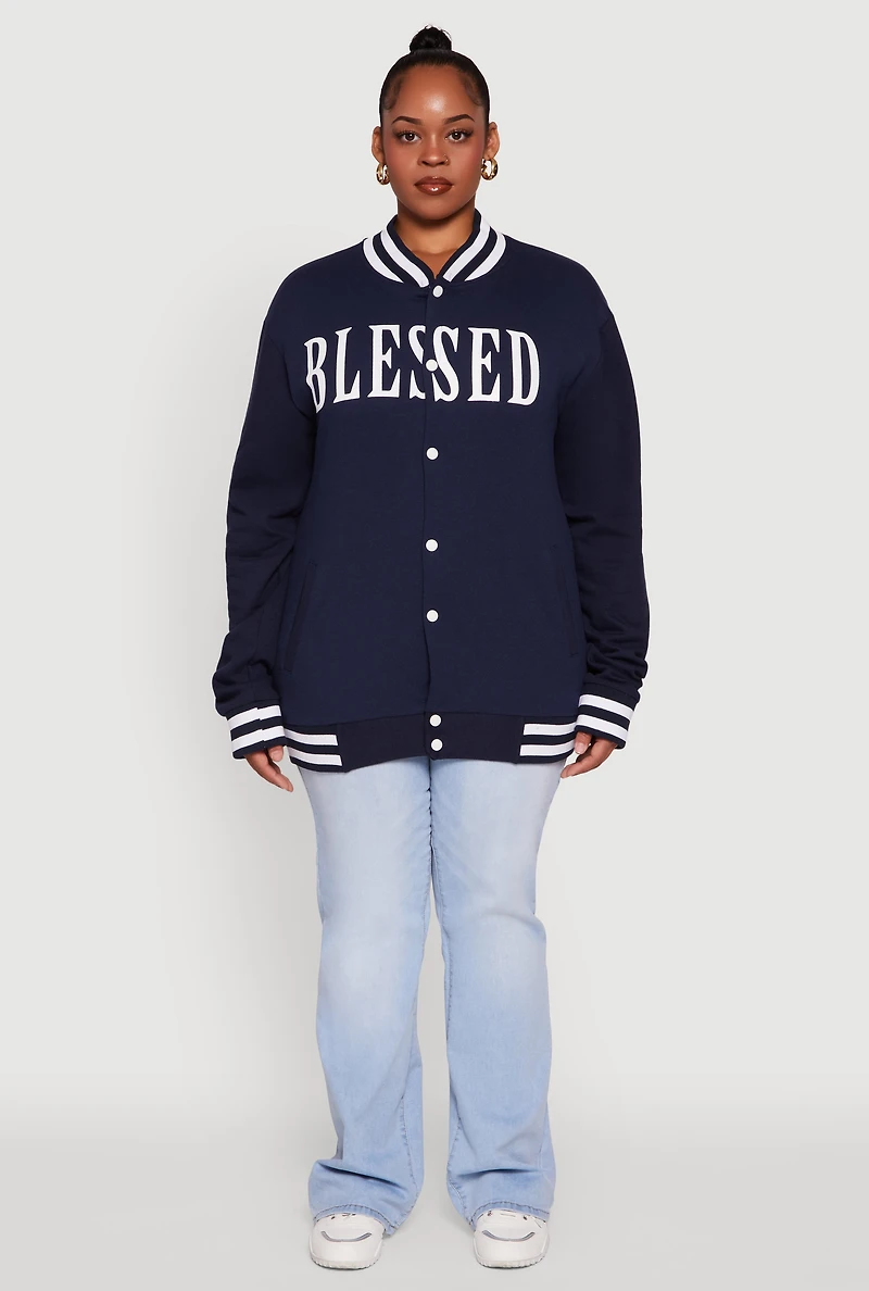 Plus Fleece Lined Varsity Stripe Blessed Graphic Bomber Jacket