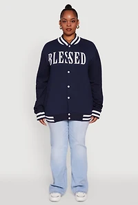 Plus Fleece Lined Varsity Stripe Blessed Graphic Bomber Jacket