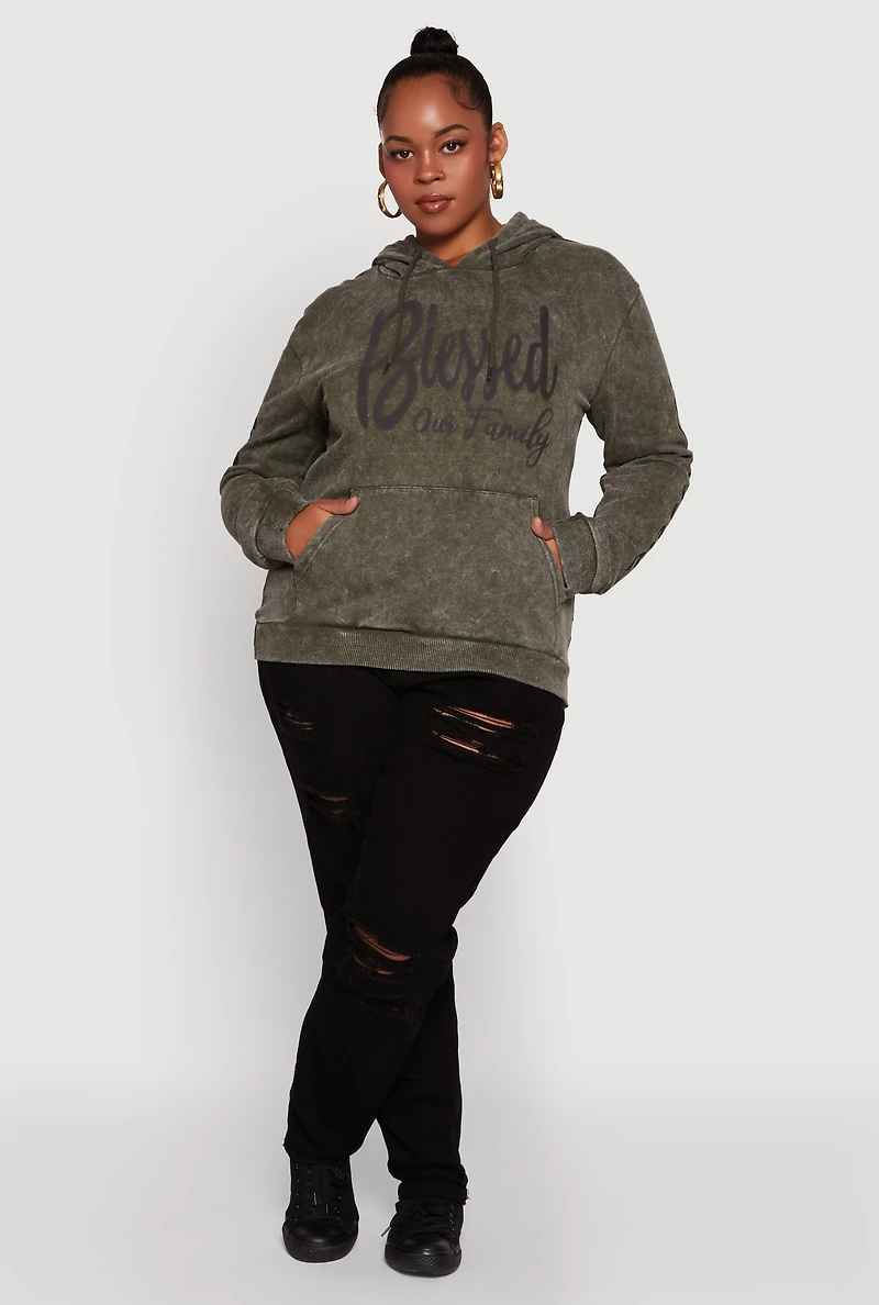 Womens Plus Size Acid Wash Hooded Blessed Graphic Sweatshirt, Green, Size 1X