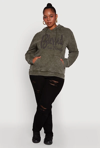 Womens Plus Size Acid Wash Hooded Blessed Graphic Sweatshirt, Green, Size 1X