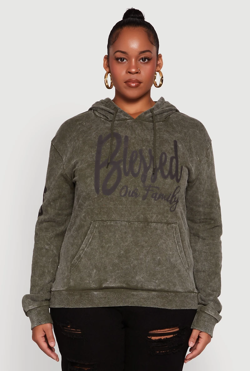 Womens Plus Size Acid Wash Hooded Blessed Graphic Sweatshirt, Green, Size 1X