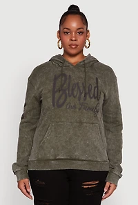 Womens Plus Size Acid Wash Hooded Blessed Graphic Sweatshirt, Green, Size 1X
