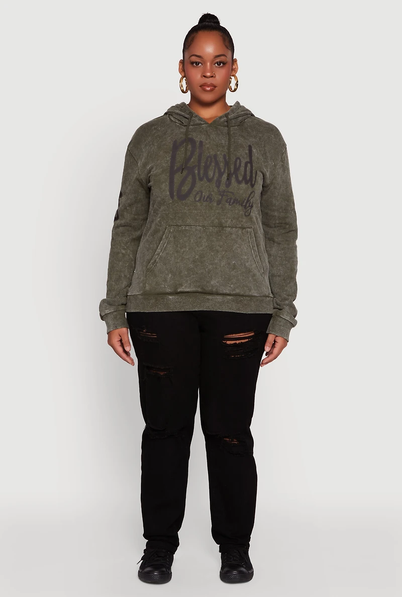 Womens Plus Size Acid Wash Hooded Blessed Graphic Sweatshirt, Green, Size 1X