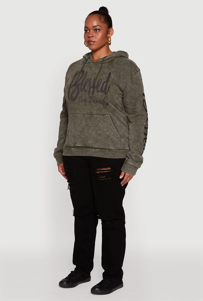 Womens Plus Size Acid Wash Hooded Blessed Graphic Sweatshirt, Green, Size 1X