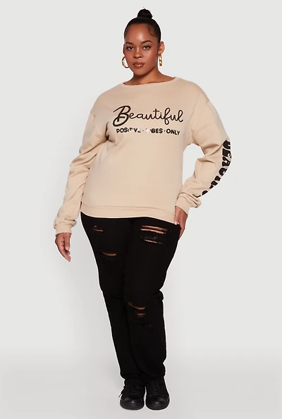 Womens Plus Size Sequin Beautiful Graphic Crew Neck Sweatshirt, Beige, Size 2X