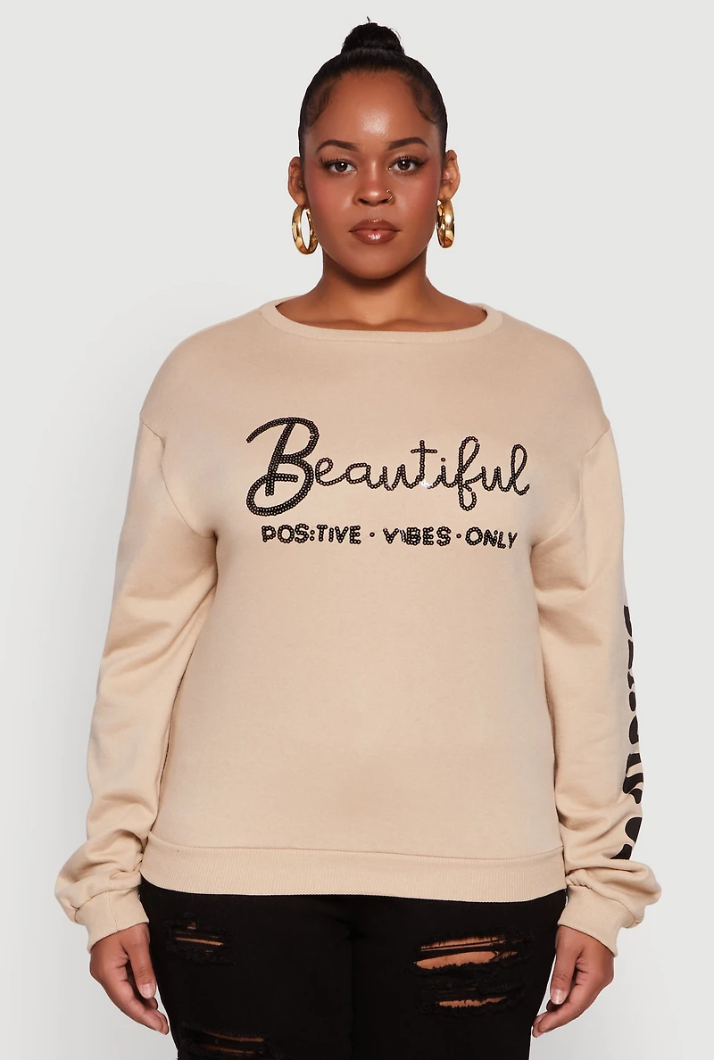 Womens Plus Size Sequin Beautiful Graphic Crew Neck Sweatshirt, Beige, Size 1X