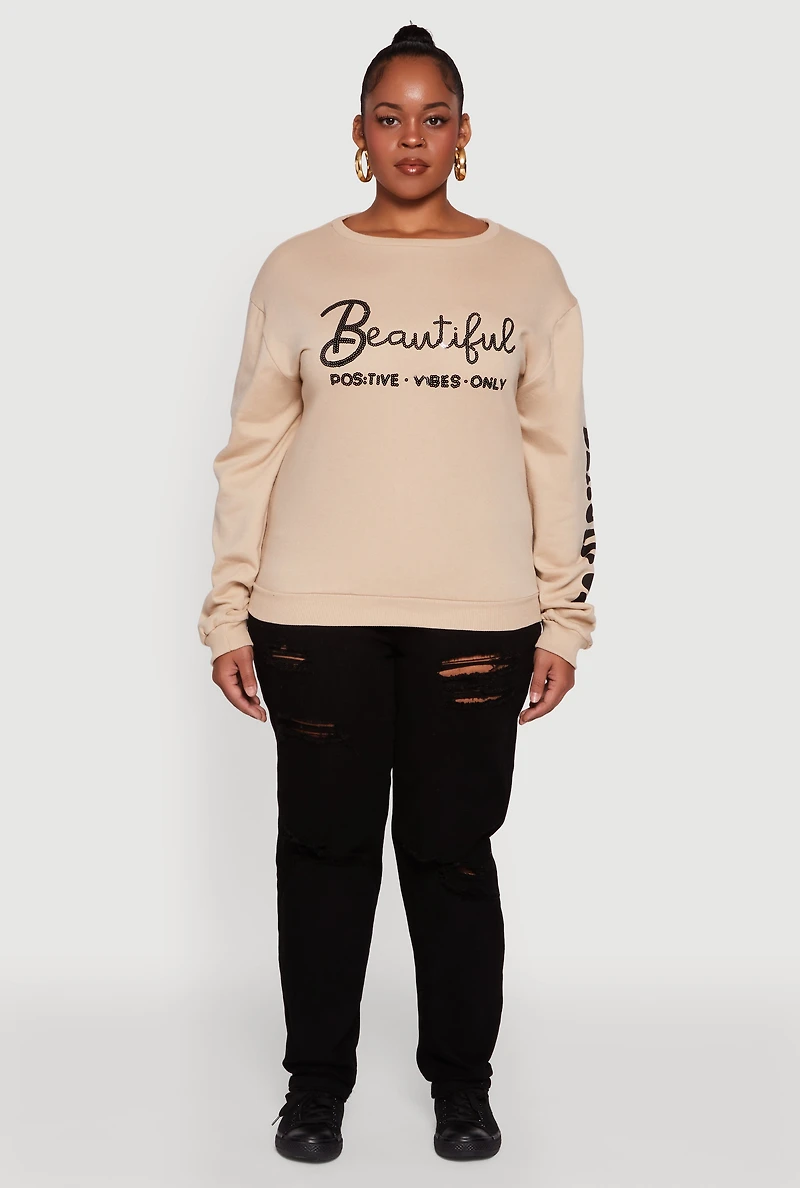 Womens Plus Size Sequin Beautiful Graphic Crew Neck Sweatshirt, Beige, Size 2X