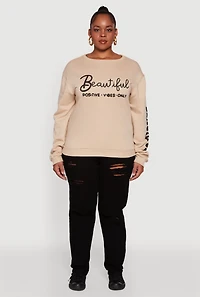 Womens Plus Size Sequin Beautiful Graphic Crew Neck Sweatshirt, Beige, Size 2X