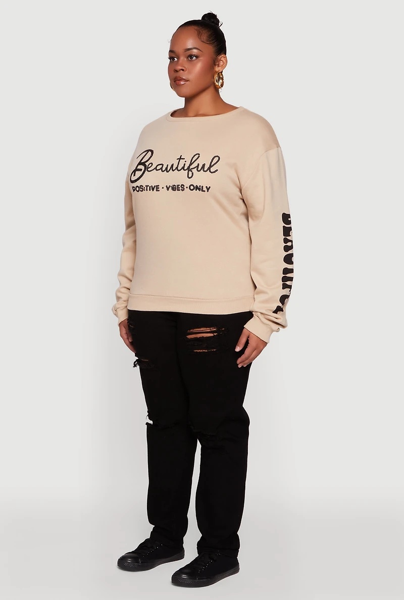 Womens Plus Size Sequin Beautiful Graphic Crew Neck Sweatshirt, Beige, Size 1X