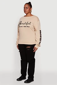 Womens Plus Size Sequin Beautiful Graphic Crew Neck Sweatshirt, Beige, Size 2X