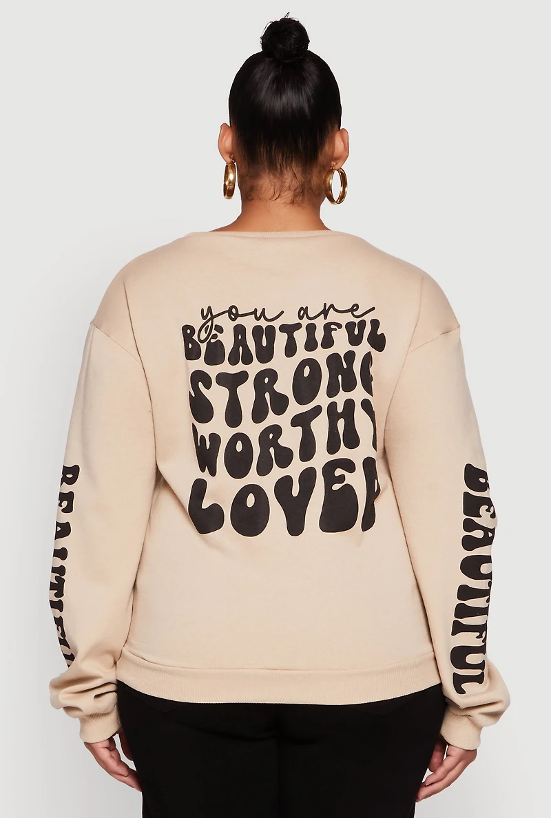 Womens Plus Size Sequin Beautiful Graphic Crew Neck Sweatshirt, Beige, Size 1X