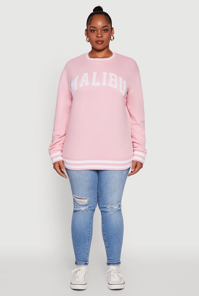 Womens Plus Size Chenille Malibu Pullover Sweatshirt, Pink, Size 1X