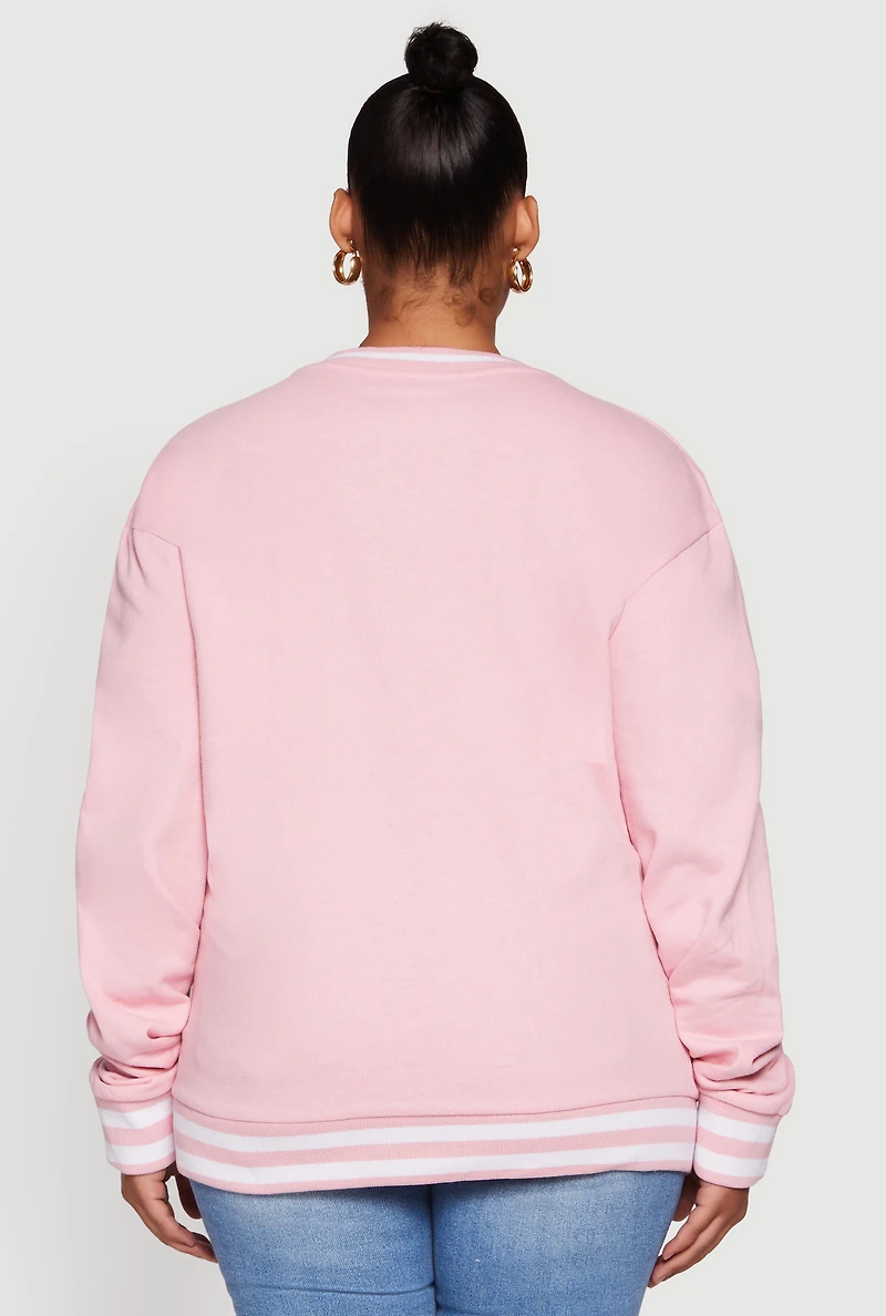 Womens Plus Size Chenille Malibu Pullover Sweatshirt, Pink, Size 1X