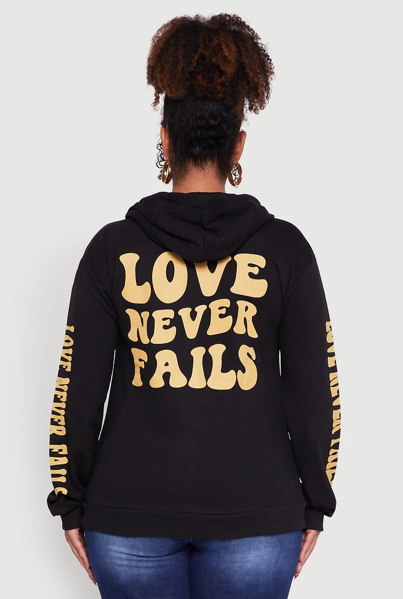 Womens Plus Size Love Never Fails Back Graphic Hoodie, Black, Size 2X