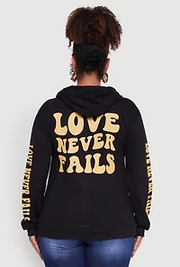 Womens Plus Size Love Never Fails Back Graphic Hoodie, Black, Size 2X