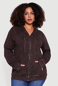Plus Acid Wash Zip Front Fleece Hoodie