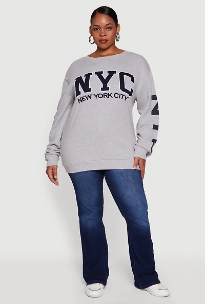 Womens Plus Size NYC Fleece Crew Neck Sweatshirt, Grey, Size 1X