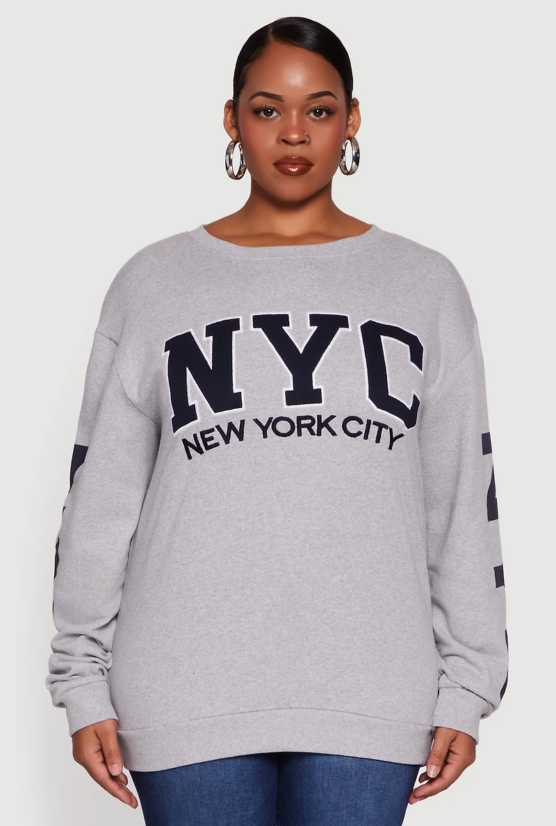 Womens Plus Size NYC Fleece Crew Neck Sweatshirt, Grey, Size 1X