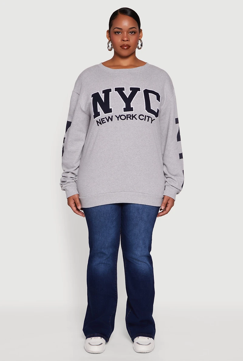 Womens Plus Size NYC Fleece Crew Neck Sweatshirt, Grey, Size 1X