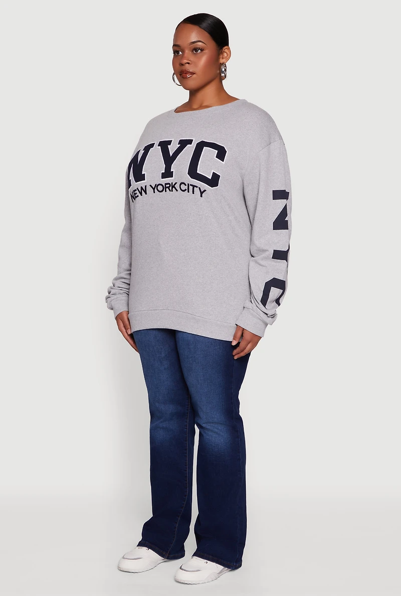 Womens Plus Size NYC Fleece Crew Neck Sweatshirt, Grey, Size 1X