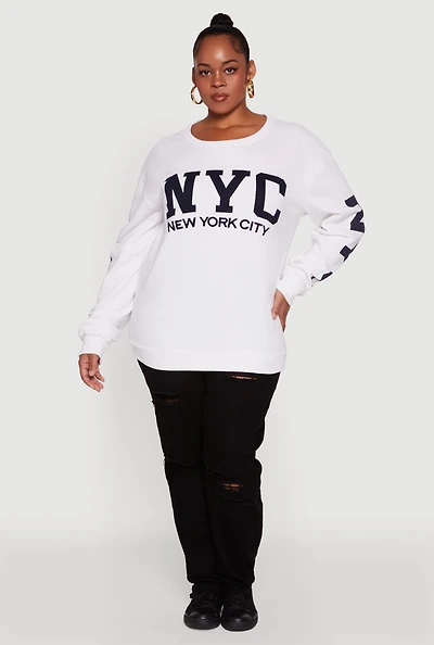 Womens Plus Size NYC Fleece Crew Neck Sweatshirt, White, Size 1X