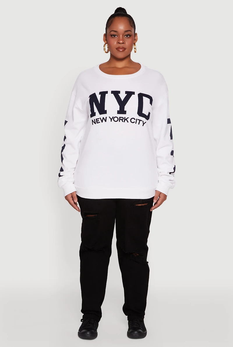 Womens Plus Size NYC Fleece Crew Neck Sweatshirt, White, Size 1X