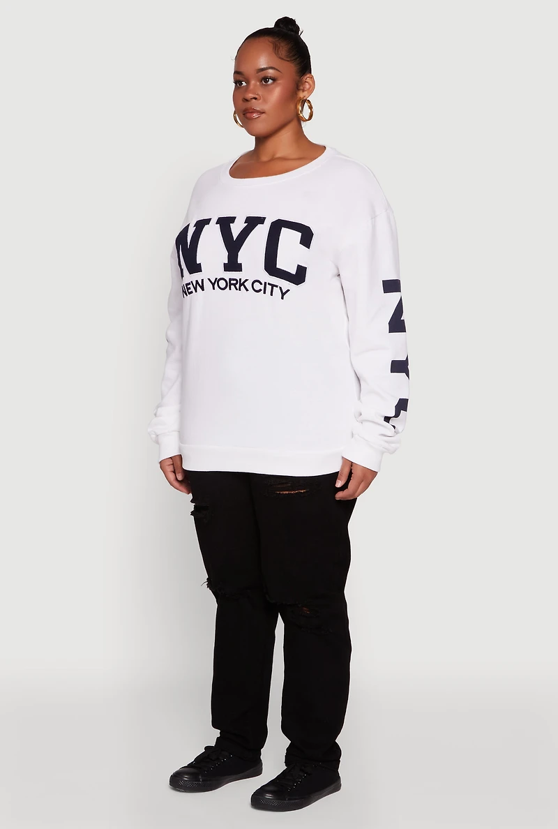 Womens Plus Size NYC Fleece Crew Neck Sweatshirt, White, Size 1X