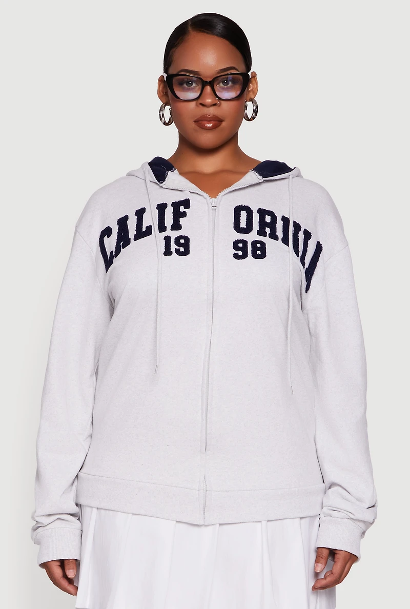 Womens Plus Size California Chenille Graphic Hooded Sweatshirt, Grey, Size 1X