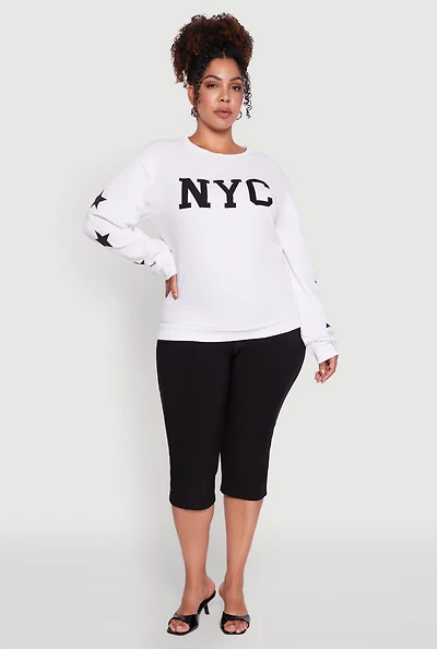 Womens Plus Size NYC Embroidered Pullover Sweatshirt, White, Size 1X