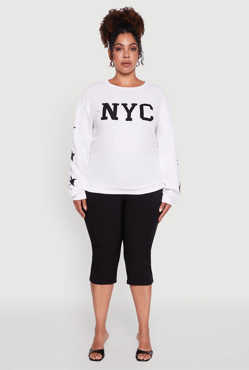 Womens Plus Size NYC Embroidered Pullover Sweatshirt, White, Size 2X