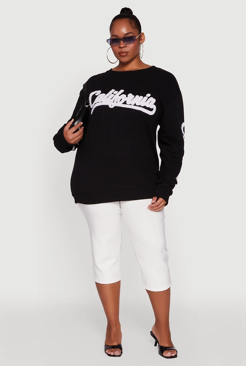Womens Plus Size Chenille California Pullover Sweatshirt, Black, Size 1X