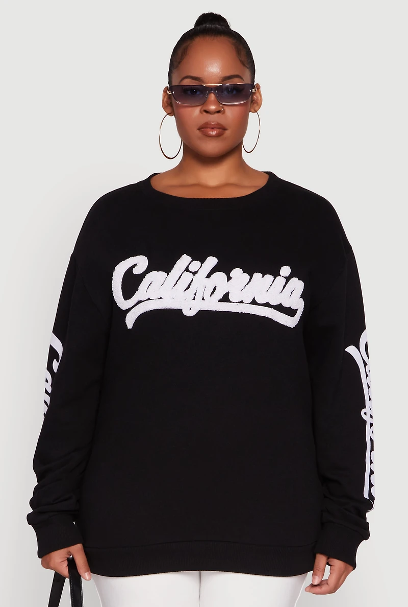 Womens Plus Size Chenille California Pullover Sweatshirt, Black, Size 1X