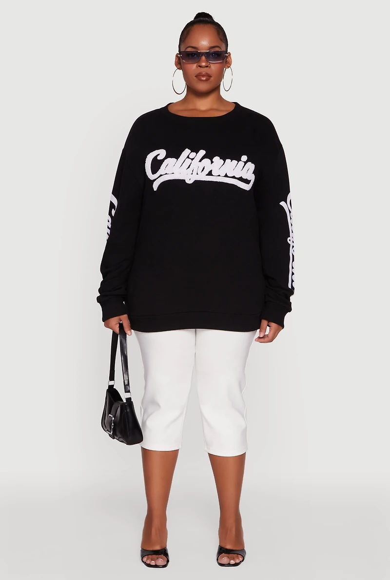 Womens Plus Size Chenille California Pullover Sweatshirt, Black, Size 1X