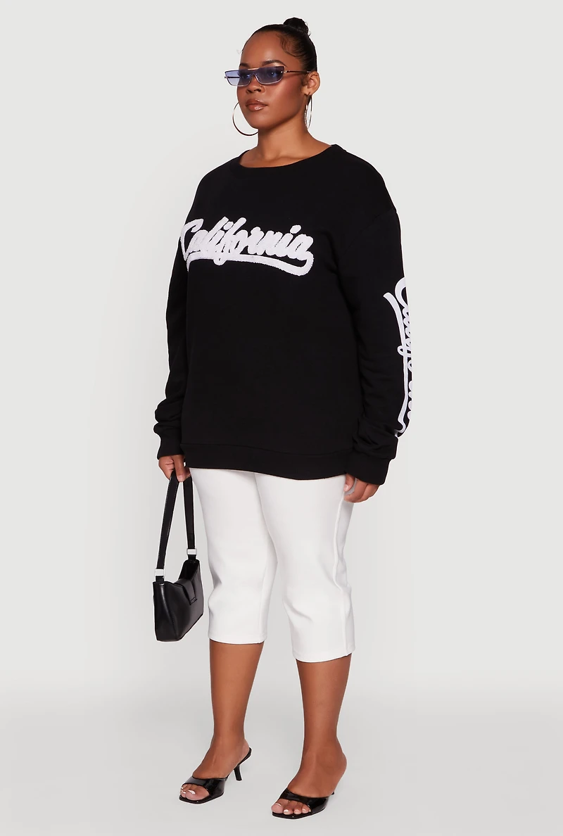 Womens Plus Size Chenille California Pullover Sweatshirt, Black, Size 1X