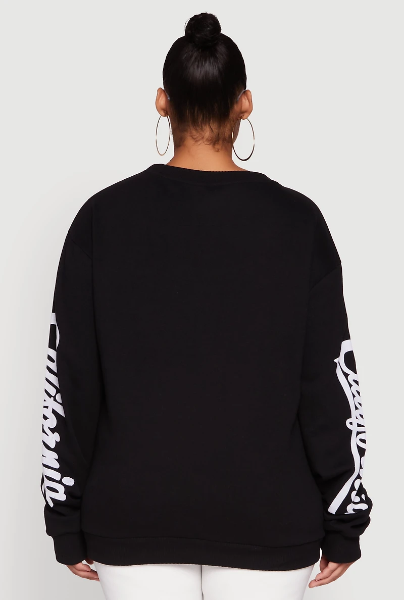 Womens Plus Size Chenille California Pullover Sweatshirt, Black, Size 1X