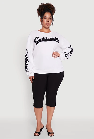 Womens Plus Size Chenille California Pullover Sweatshirt, White, Size 3X