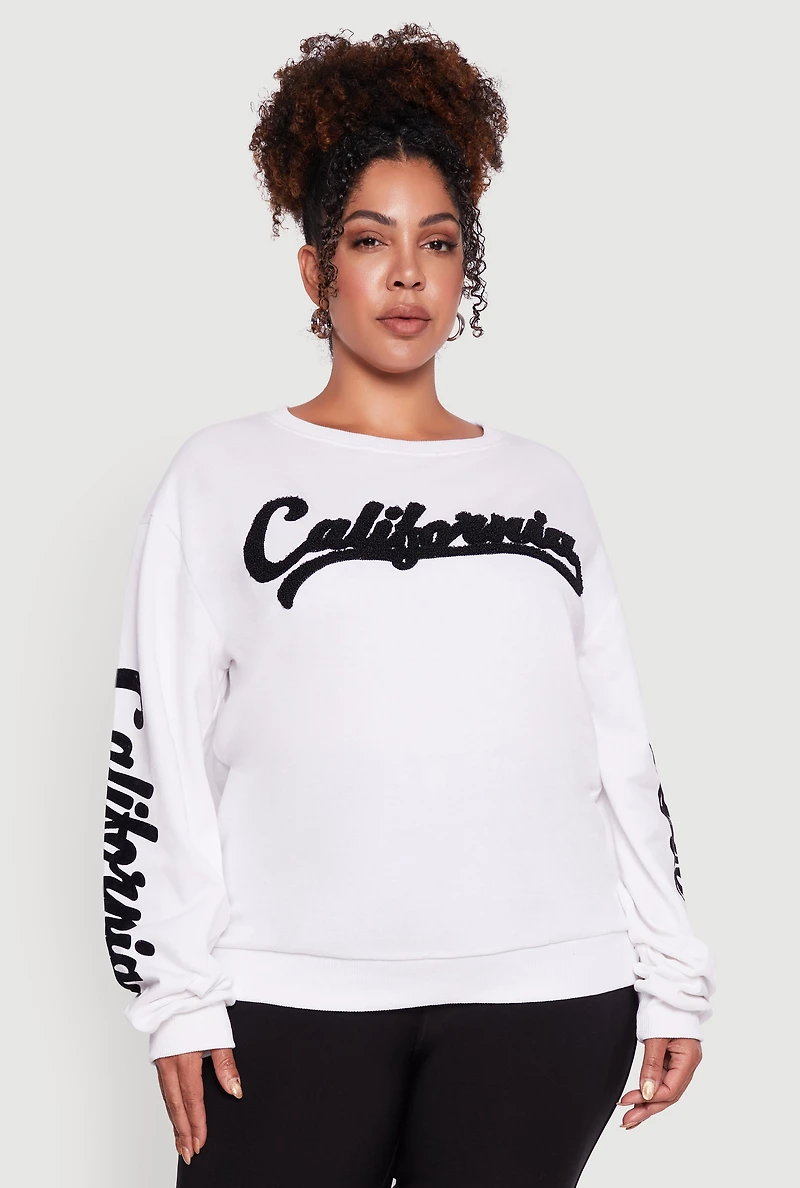 Womens Plus Chenille California Pullover Sweatshirt, White,