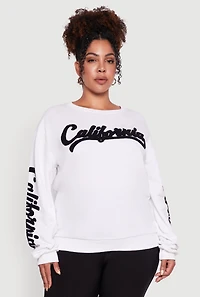 Womens Plus Chenille California Pullover Sweatshirt, White,