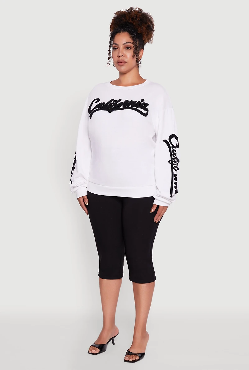 Womens Plus Chenille California Pullover Sweatshirt, White,