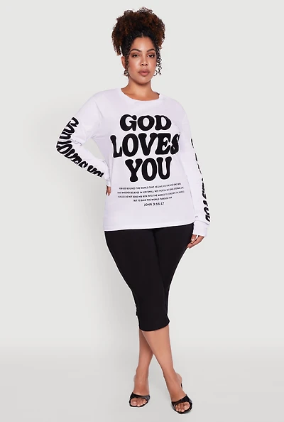 Womens Plus Size Velvet Burnout God Loves You Long Sleeve Tee, White, Size 1X