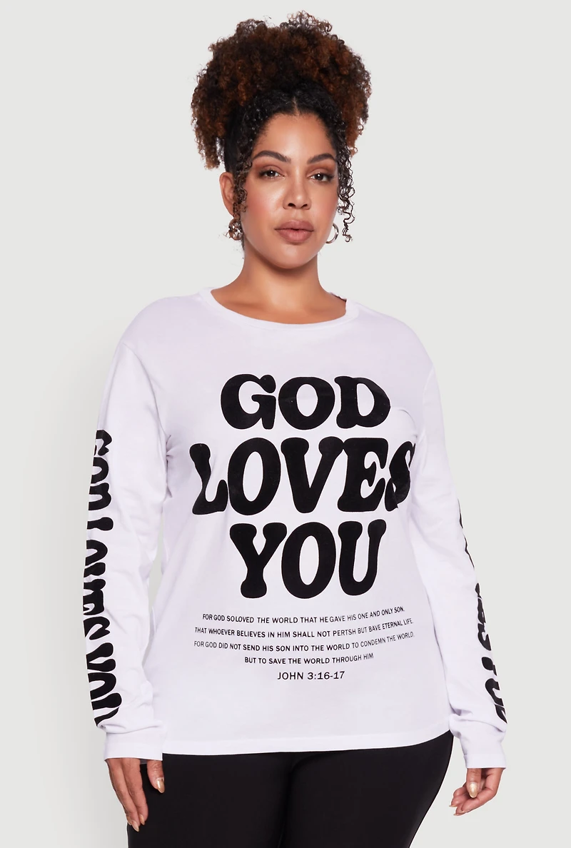 Womens Plus Size Velvet Burnout God Loves You Long Sleeve Tee, White, Size 1X