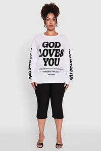 Womens Plus Size Velvet Burnout God Loves You Long Sleeve Tee, White, Size 1X