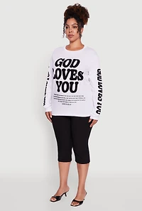 Womens Plus Size Velvet Burnout God Loves You Long Sleeve Tee, White, Size 1X